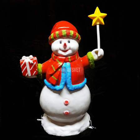 Объемная фигура из стекловолокна "Снеговик с подарком и звездочкой" 130*85*65 см, с трансформаторомтором