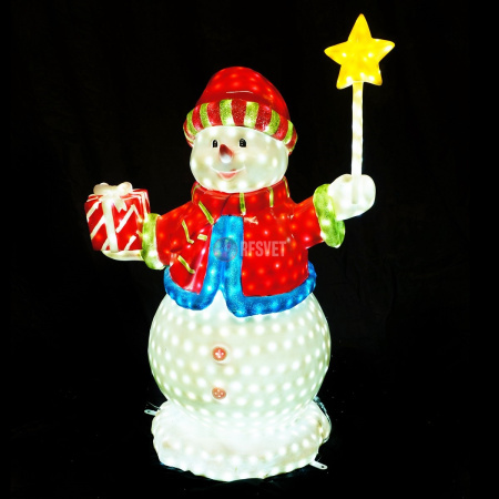 Объемная фигура из стекловолокна "Снеговик с подарком и звездочкой" 130*85*65 см, с трансформаторомтором