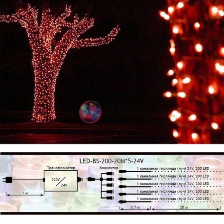 Гирлянда на деревья, 5 нитей по 20 м, с трансф, красный