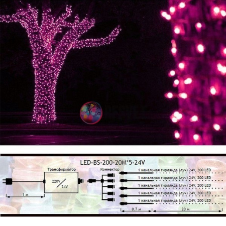 Гирлянда на деревья, 5 нитей по 20 м, с трансф, розовый