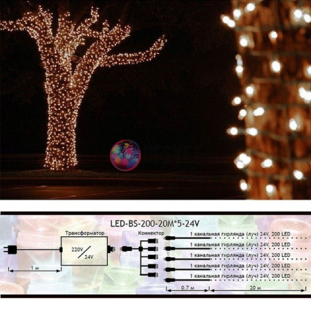 Гирлянда на деревья, 5 нитей по 20 м, с трансф, теплый белый, мерцающий