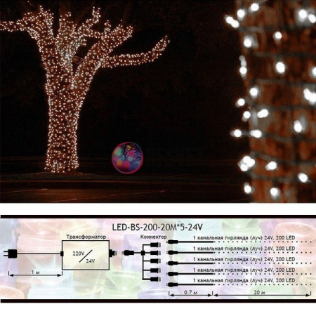 Гирлянда на деревья, 5 нитей по 20 м, с трансф, белый, мерцающий