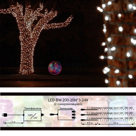 Гирлянда на деревья, 3 нити по 20 м, с трансф, белый