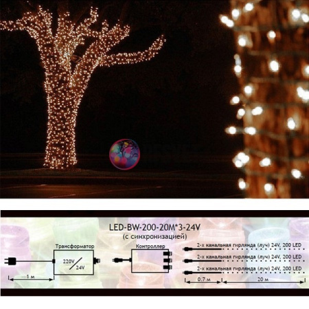 Гирлянда на деревья, 3 нити по 20 м, с трансф, теплый белый