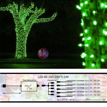 Гирлянда на деревья, 5 нитей по 20 м, с трансф, зеленый