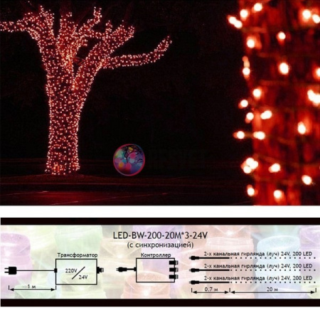 Гирлянда на деревья, 3 нити по 20 м, с трансф, красный