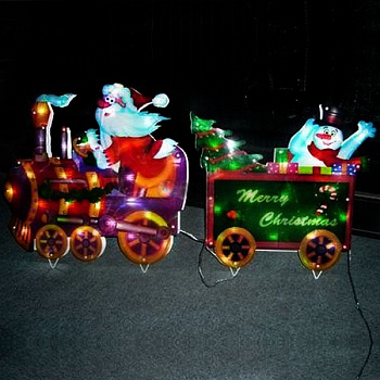 Световая фигура. Дед Мороз и снеговик на праздничном паровозике
